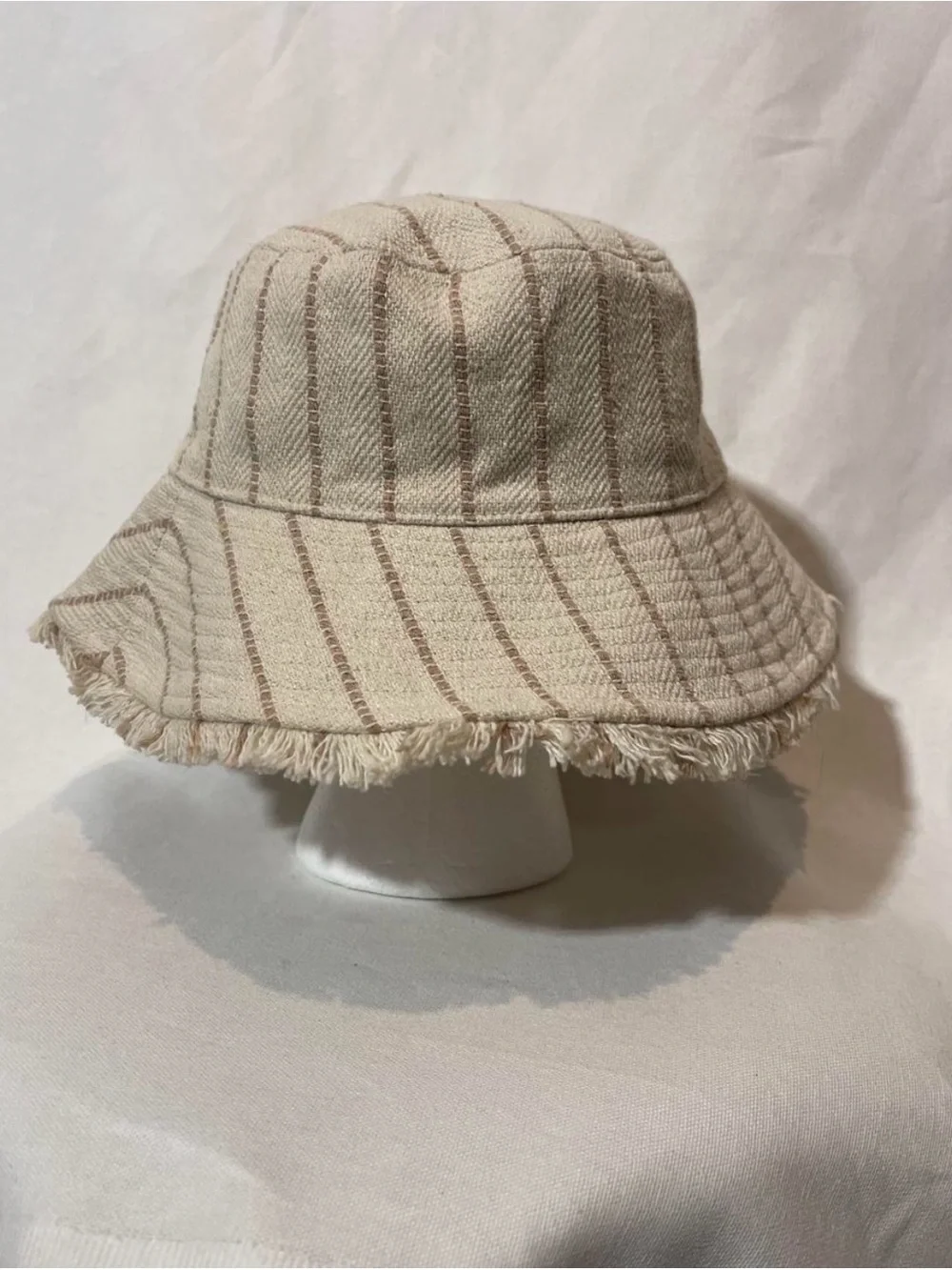 Frayed Edge Beige Striped Bucket Hat